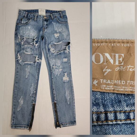 One Teaspoon Free Birds Jeans SZ 25 Trashed Womens Low Rise Tapered Ankle Zip - Picture 1 of 11